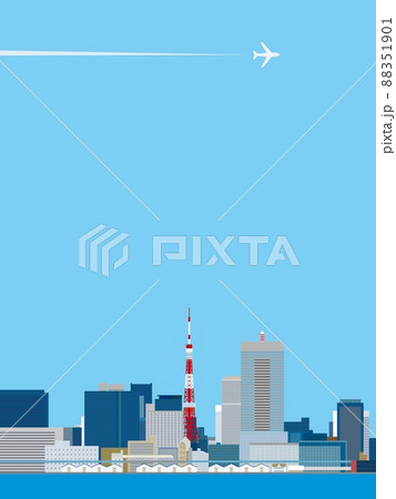 東京 東京タワー 都市風景 飛行機のイラスト素材