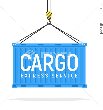 Cargo vector crane blue box flat illustration. Cargo metal box storage design side view on white 88352485
