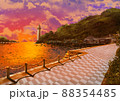 灯台がある海辺の町と夕焼け空 88354485