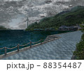 灯台がある海辺の町と曇天 88354487