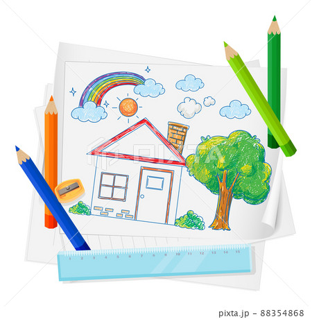 A paper with a doodle sketch design with color and colour pencils 88354868