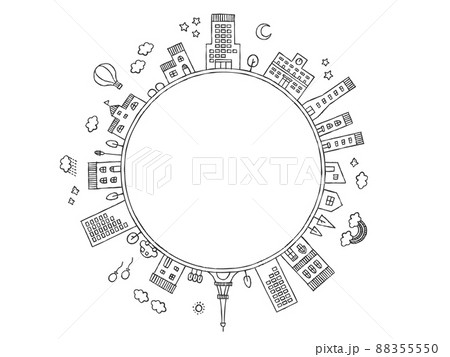 街並みの丸い手描きフレーム 88355550