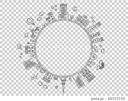 街並みの丸い手描きフレーム 88355550