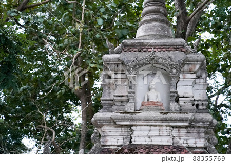 Great white Buddha statue with old background wall. 88355769