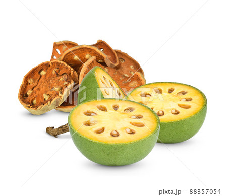 Bael fruits fresh and dry or wood apple fruit (Aegle marmelos) on a white background. 88357054