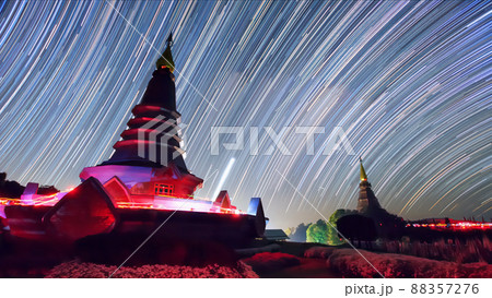 Star trails sacred temple at Doi Inthanon National Park, 88357276