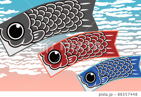 浮世絵風の空を泳ぐ鯉のぼりの親子　(斜め) 88357448