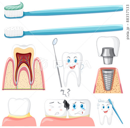 Set of all types of teeth with dental cleaning equipment on white background Set of all types of teeth with dental cleaning equipment on white background 88357533