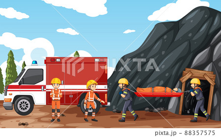 Cave scene with firerman rescue in cartoon style Cave scene with firerman rescue in cartoon style 88357575