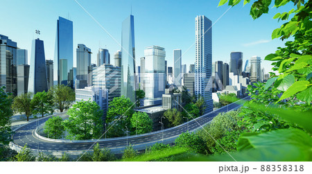 Virtual design green cityscape skyline with curvy highway road Virtual design green cityscape skyline with curvy highway road 88358318