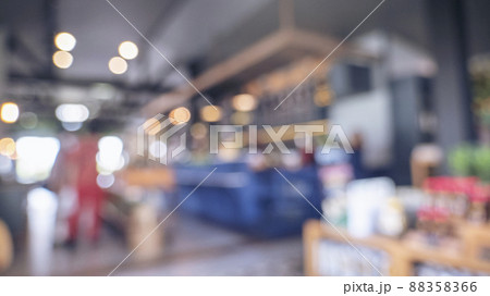 Blurred background shopping mall light bokeh business event in retail store. Blurry abstract background of store grocery. Blur Convention hall center audience present display goods products on shelf. 88358366