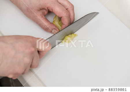 【キャベツの糠漬けを三徳包丁で切る】 【キャベツの糠漬けを三徳包丁で切る】 88359861