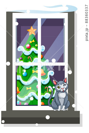 A cat sitting on narrow window in cartoon style 88360337