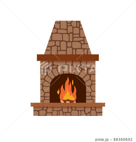 Classic stone fireplace with fire flame inside the hearth, flat vector illustration isolated on white background. 88360692