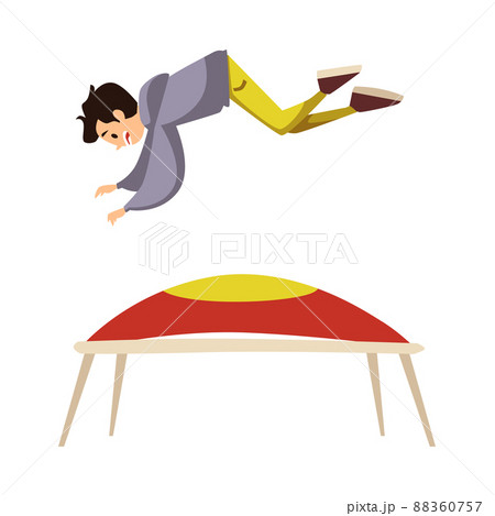 Guy does acrobatic exercises on trampoline, flat vector illustration isolated. 88360757