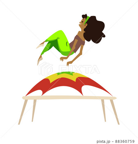Young girl jumping with trampoline flat cartoon vector illustration isolated. 88360759