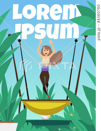 Poster with girl jumping with trampoline jumping rope flat vector illustration. Poster with girl jumping with trampoline jumping rope flat vector illustration. 88360760