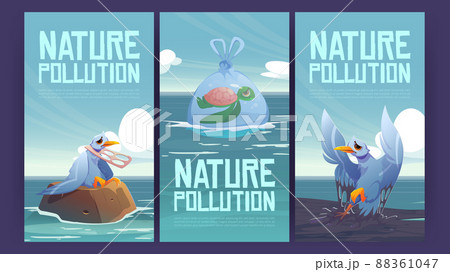 Nature pollution poster with garbage and oil spill 88361047