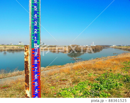 早春の水位計のある土手と江戸川風景 88361525