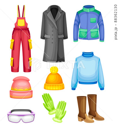Winter Clothes and Warm Outerwear with Coat, Boots and Hat as Protection Against Cold Weather Vector Set Winter Clothes and Warm Outerwear with Coat, Boots and Hat as Protection Against Cold Weather Vector Set 88362130