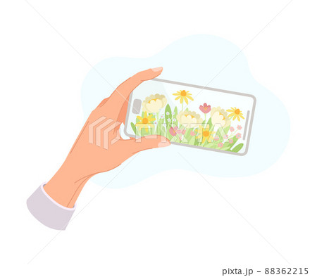 Hand Holding Smartphone Recording Video with Camera Filming Picture of Meadow Flowers on Screen Vector Illustration 88362215