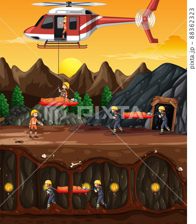 Underground scene with firerman rescue in cartoon style 88362323