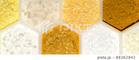 Chemical ingredient in hexagonal molecular shaped container. Sodium Sulfide Flakes, Flake Salt, Candelilla Wax, Curcuma Powder, Cetyl Esters Wax, Carnauba Wax, Microcrystalline Wax and Polyethylene. Chemical ingredient in hexagonal molecular shaped container. Sodium Sulfide Flakes, Flake Salt, Candelilla Wax, Curcuma Powder, Cetyl Esters Wax, Carnauba Wax, Microcrystalline Wax and Polyethylene. 88362842