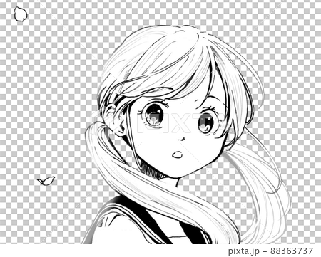 セーラー服お下げ髪の女の子の振り返るモノクロイラスト 88363737