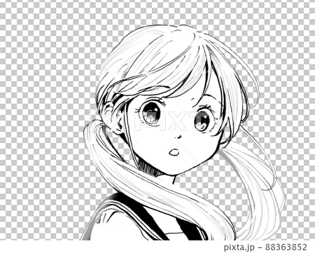 人物単体セーラー服お下げ髪きょとん顔の女の子の振り返るモノクロイラスト 88363852