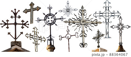 Collection of Religious Crosses in Wrought Iron Isolated on White Background 88364067