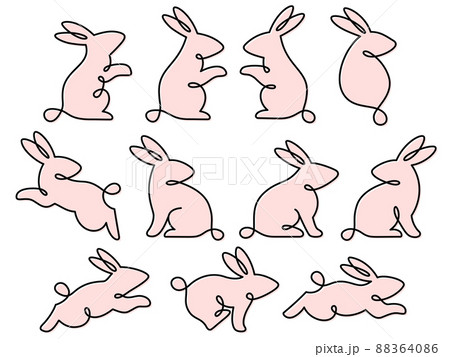 ピンクのウサギの線画イラストセット 88364086