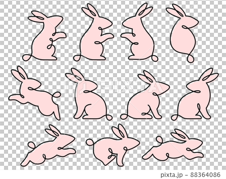 ピンクのウサギの線画イラストセット 88364086