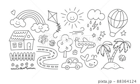 Children drawings set. Kids doodle. Hand drawn road with car and cute house. Sand island and palm trees. Smiling sun, cloud and rainbow. Editable stroke. Vector illustration on white background 88364124