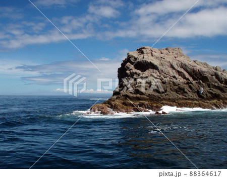 晴天紺碧の海、南伊豆沖磯「石取根」の「田牛向かい」「表本場」の釣り座を海上より撮影。 晴天紺碧の海、南伊豆沖磯「石取根」の「田牛向かい」「表本場」の釣り座を海上より撮影。 88364617