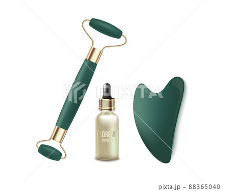 Set of green gua sha stone, jade roller and face oil for facial massage 88365040
