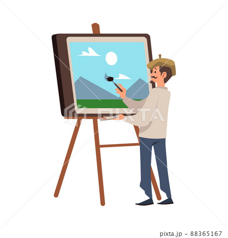 Painter or artist at easel creating artwork flat vector illustration isolated. Painter or artist at easel creating artwork flat vector illustration isolated. 88365167