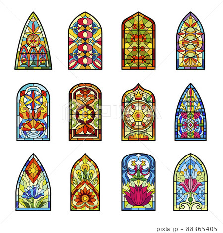 Stained glass. Decorative colored windows from vintage church buildings medieval templates of stained glasses with geometrical forms recent vector pictures set Stained glass. Decorative colored windows from vintage church buildings medieval templates of stained glasses with geometrical forms recent vector pictures set 88365405