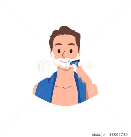 Happy man with foam on beard shaving with razor, flat vector illustration isolated on white background. Happy man with foam on beard shaving with razor, flat vector illustration isolated on white background. 88365730