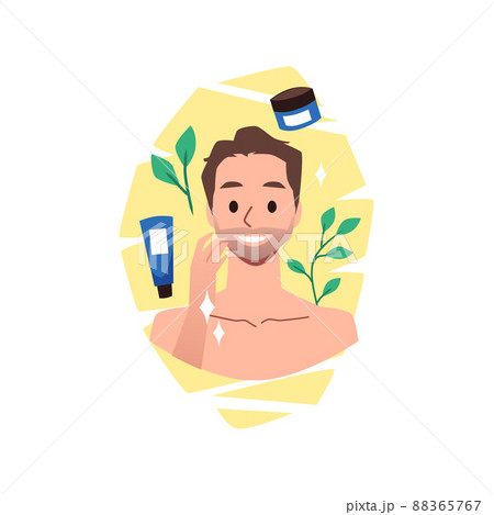 Man with beard and beauty products - cream or lotion, flat vector illustration isolated on white background. 88365767