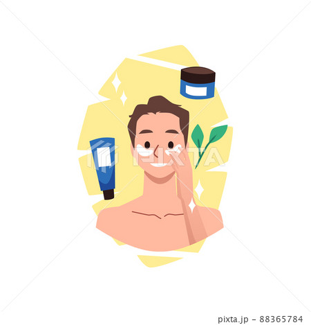 Happy man using eye patches. skin care routine, flat vector illustration isolated on white background. 88365784