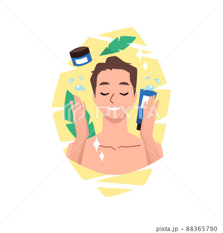 Man cleaning face with beauty products, skin care routine, flat vector illustration isolated on white background. 88365790