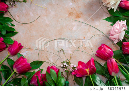Spring summer border template floral background. Light air delicate artistic image, free space. Spring summer border template floral background. Light air delicate artistic image, free space. 88365973