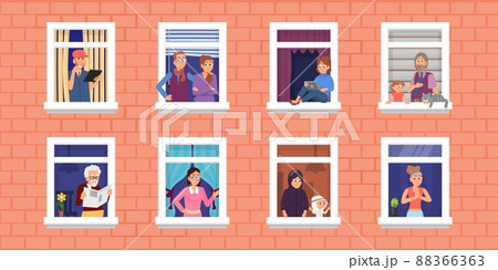 People in windows. Home community and neighbors, friends living in apartment. Person look outside, woman read on windowsill. Neighborhood decent vector concept 88366363