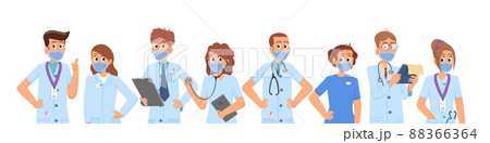 Medical team together. Hospital student, emergency nurse and medic specialist. Cheerful diverse doctors in suits. Pharmacists, dentists, surgery decent vector set 88366364