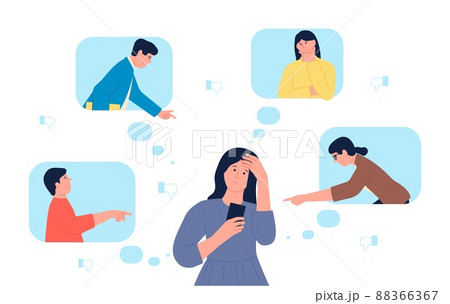 Bullying problem. Trolls, depressed insulted man and bullied people. Negative colleagues, social harassment and mockery, recent vector scene Bullying problem. Trolls, depressed insulted man and bullied people. Negative colleagues, social harassment and mockery, recent vector scene 88366367