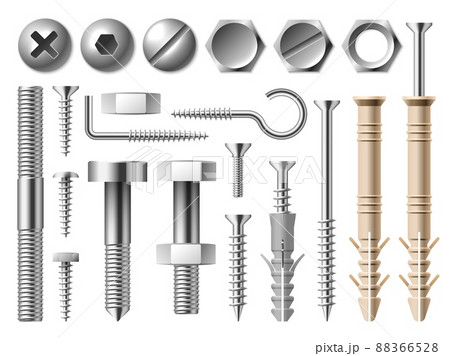 Realistic steel nut. Metal 3D fasteners. Different types bolts and self-tapping screws. Nail caps top view. Metallic hooks. Build and repair tools. Vector chrome joinery elements set 88366528