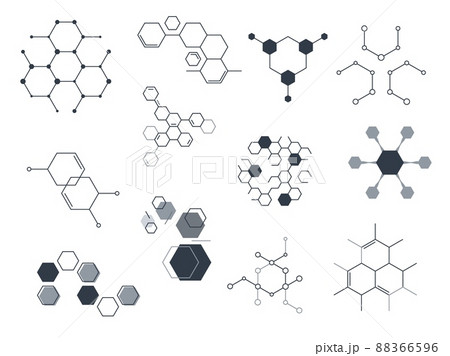 Hexagonal structures. Chemical molecular symbols. Science technology signs. Complex constructions. Abstract geometric shapes connection. Molecule crystal cell. Vector laboratory icons set 88366596