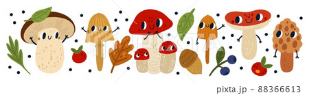 Cute mushrooms characters. Funny anthropomorphic fungi. Cartoon edible and poisonous forest organisms with faces and hands. Autumn leaves and berries. Vector woodland fungus mascots set 88366613