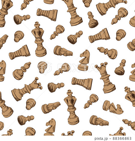 Chess brown vintage pieces seamless pattern on a white background. Sketch. Vector hand-drawn background 88366863