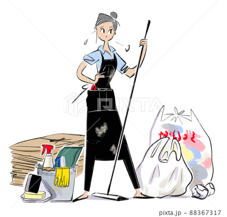 掃除をしている女性のイラストのイラスト素材